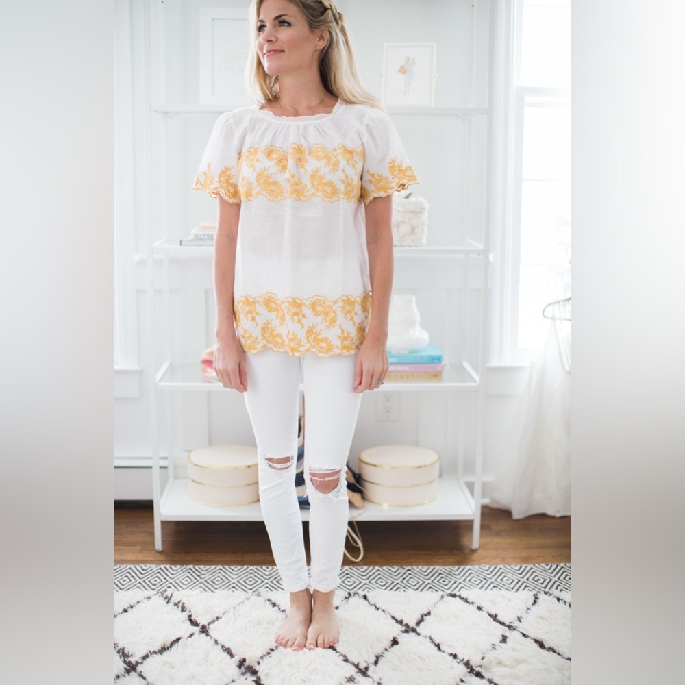 Loft linen cotton blend embroidered peasant top white yellow size petite large